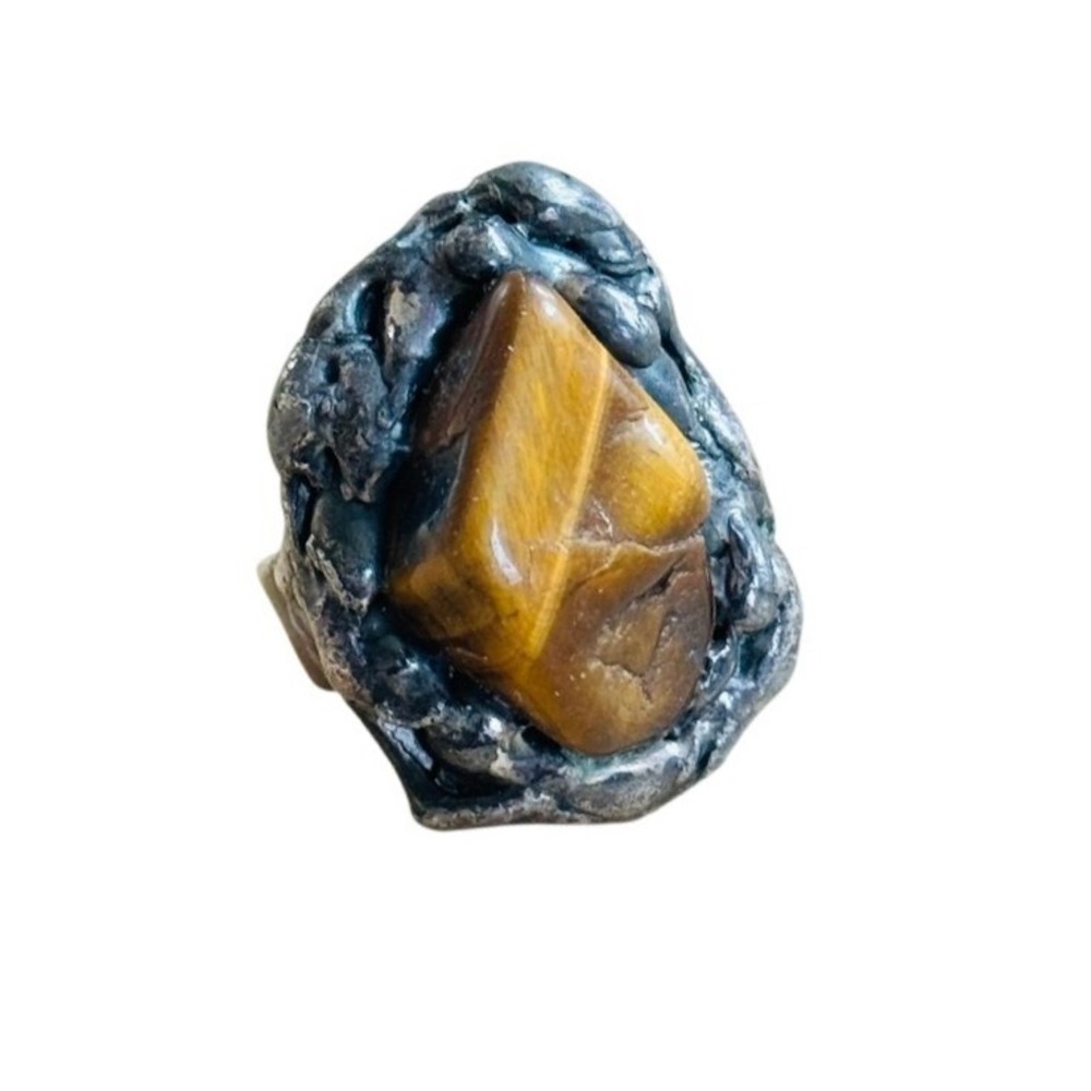 Kjeldahl Denmark Brutalist Cocktail Ring Statement Tigers‎ Eye Textured MOD 70s